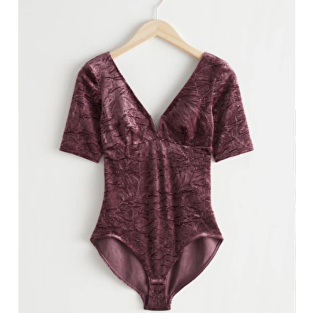 & Other Stories Burgundy Velvet Jacquard Bodysuit